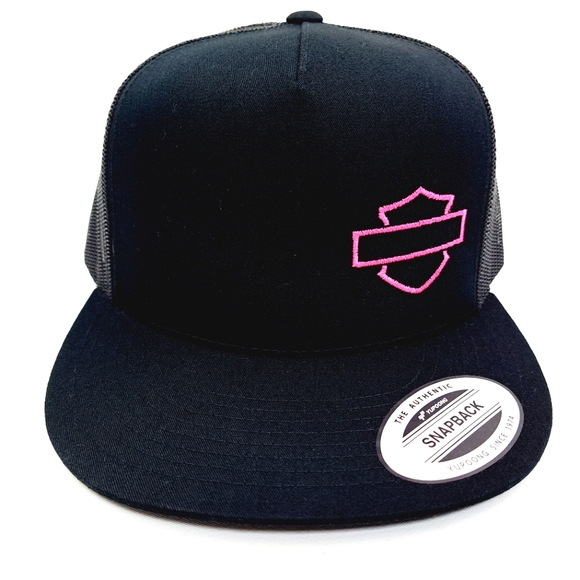 Harley Bar & Shield Flat Bill Snapback Baseball Cap Hat Black Embroidered - Picture 2 of 4